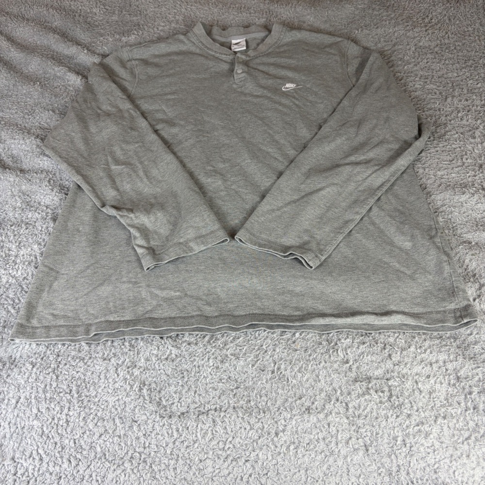 Nike Mens XXL Tall Gray Long Sleeve Henley Shirt Cotton Embroidered Logo